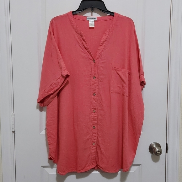 Feel Good Store Women's 2X Linen Blend Short Sleeve Button Up Shirt Coral - Picture 1 of 8